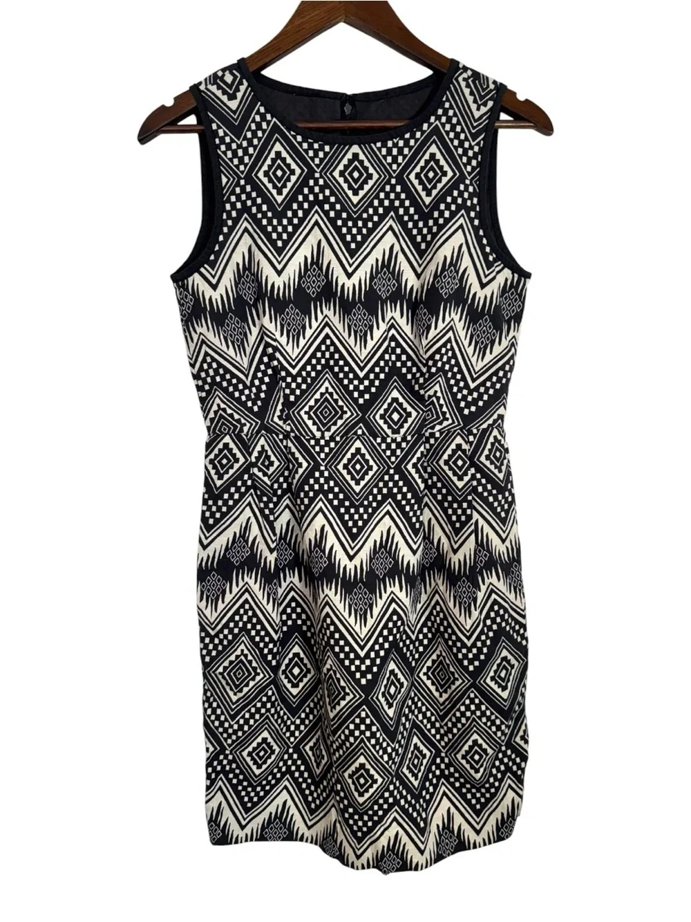 J. Crew Diamond Ikat Black Sleeveless Sheath Dress Tribal Geometric Print Size 2